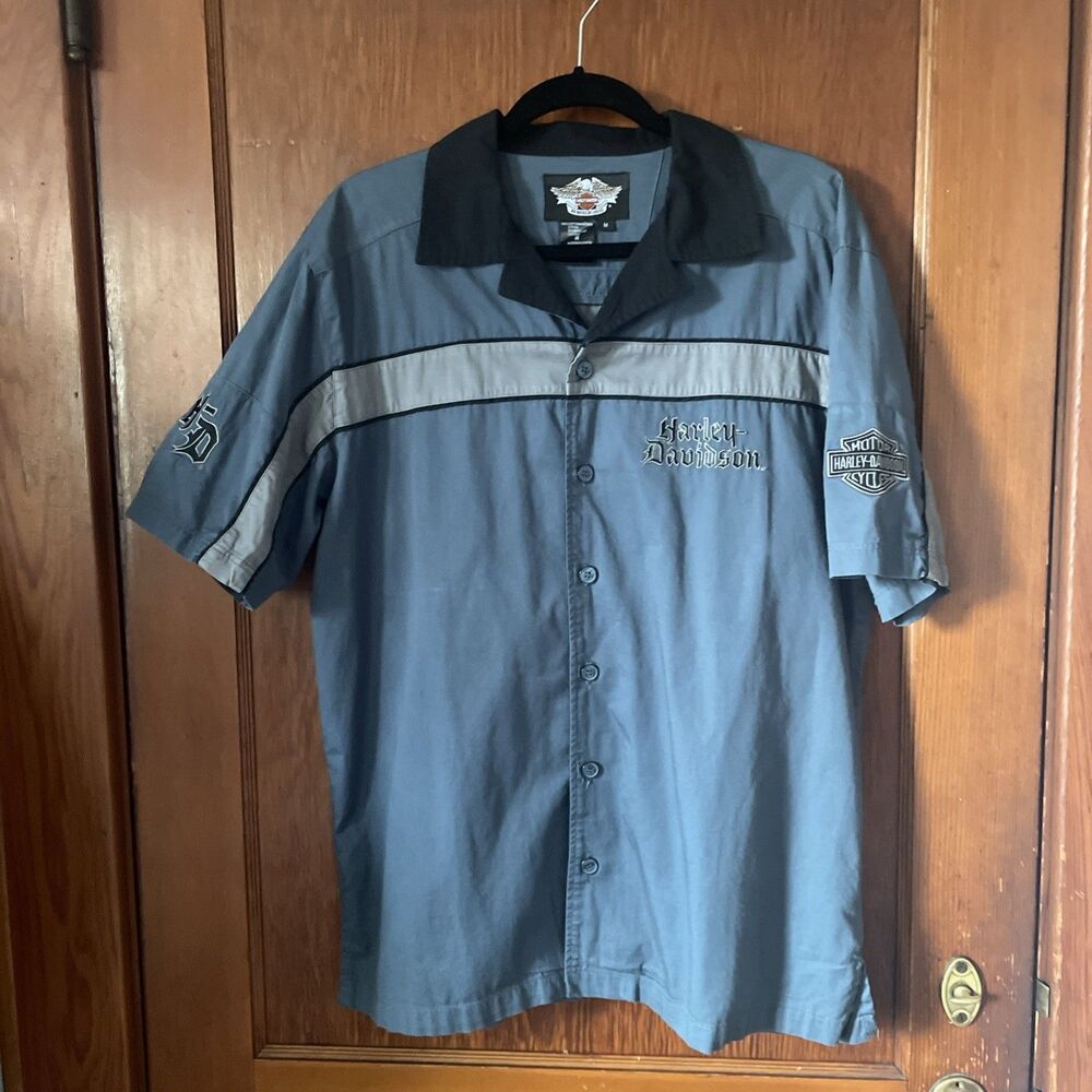 Harley Davidson Blue Shirt  Button Down Collared Gray Stripe Embroidered M